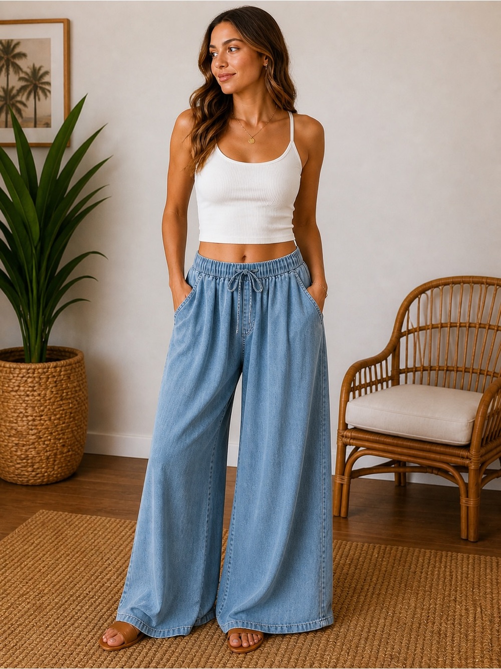 Wide Leg Drawstring Denim Pants - Light Blue